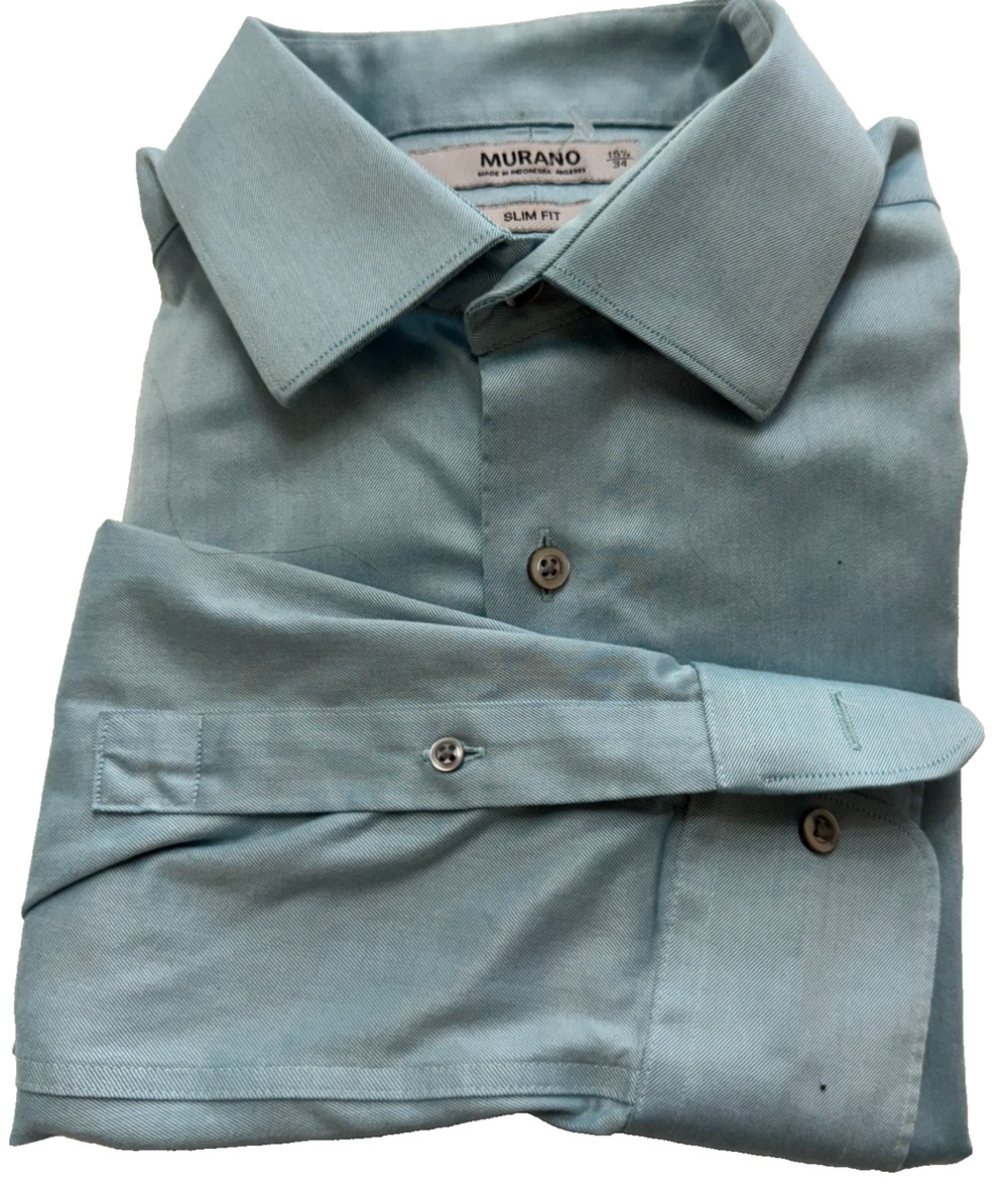 Murano Mens Long Sleeve Button Down Shirt Size 15 1/2 34 Slim Blue Office